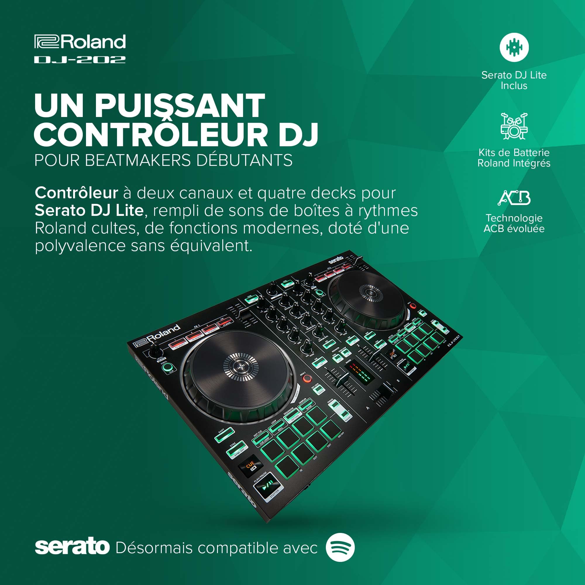 Roland DJ-202 | Contrôleur DJ compact | Contrôleur à 2 canaux et 4 decks pour Serato DJ Lite | De larges platines à faible latence | Les sons de batterie iconiques Roland | Compatible avec Spotify