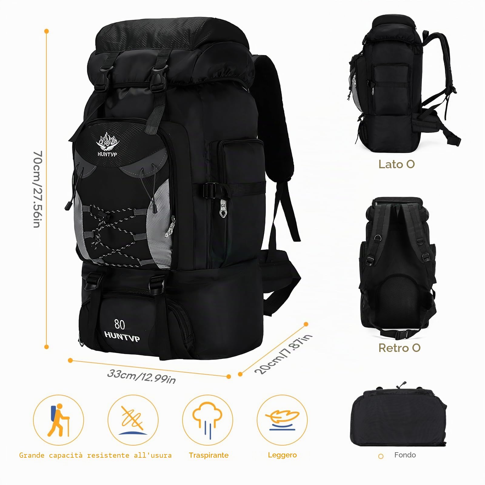 Zaino da Trekking 80L Ultraleggero Pieghevole Impermeabile Aino Sportivo Ripiegabile Zaino Campeggio per Uomo Donna Zaino Montagna per Hiking Arrampicata Viaggio Escursione