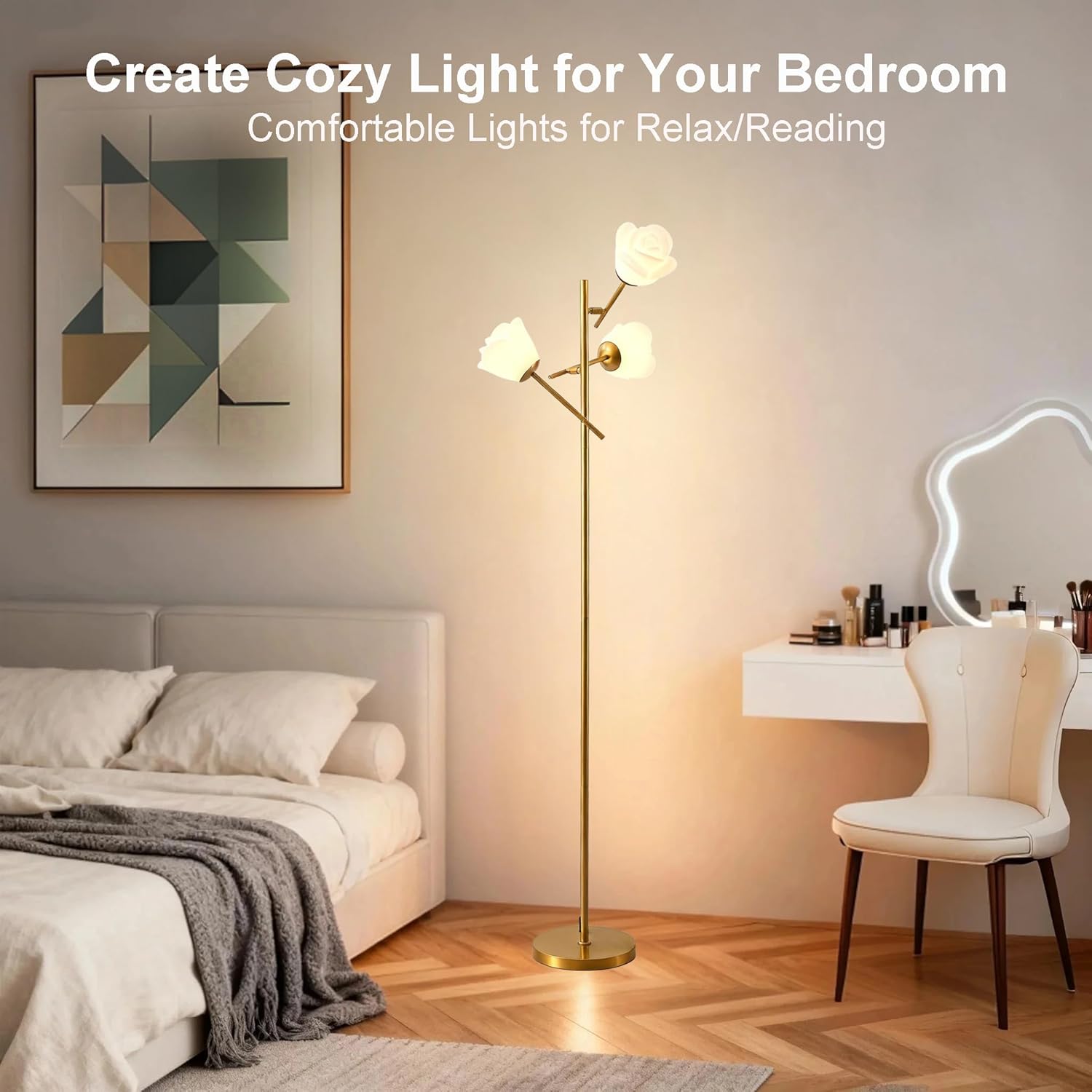 Fiqevs Mid Century Modern Floor Lamp with 3 Adjustable Flower Shade - Floral LED Standing Light with Foot Switch & Light Bulb, Sputnik Tree Lamp for Living Rooms Bedrooms - Antique Brass/Gold