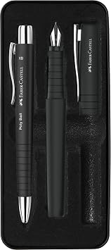 Faber-Castell Poly Pen Fountain and Ballpoint Pen Gift Set - Black Fountain Pen Set with Broad Nib & Smooth Ballpoint Pen, Ergonomic Grip, Great for Journaling, Graduation Gifts & Fathers Day