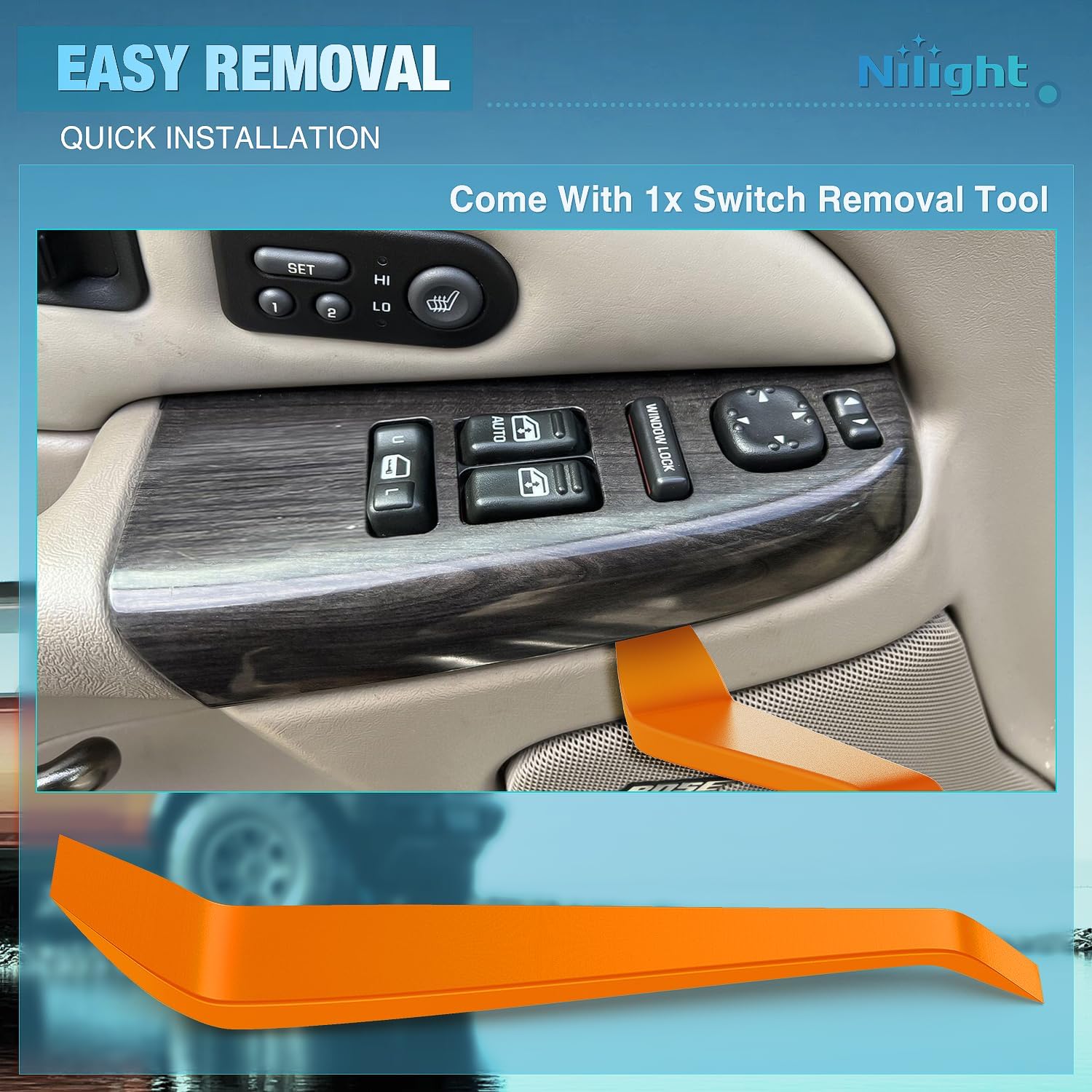 Close-up image of the window switch buttons, showing 'AUTO' for the driver's window, standard up/down for the passenger window, and a window lock/unlock button.