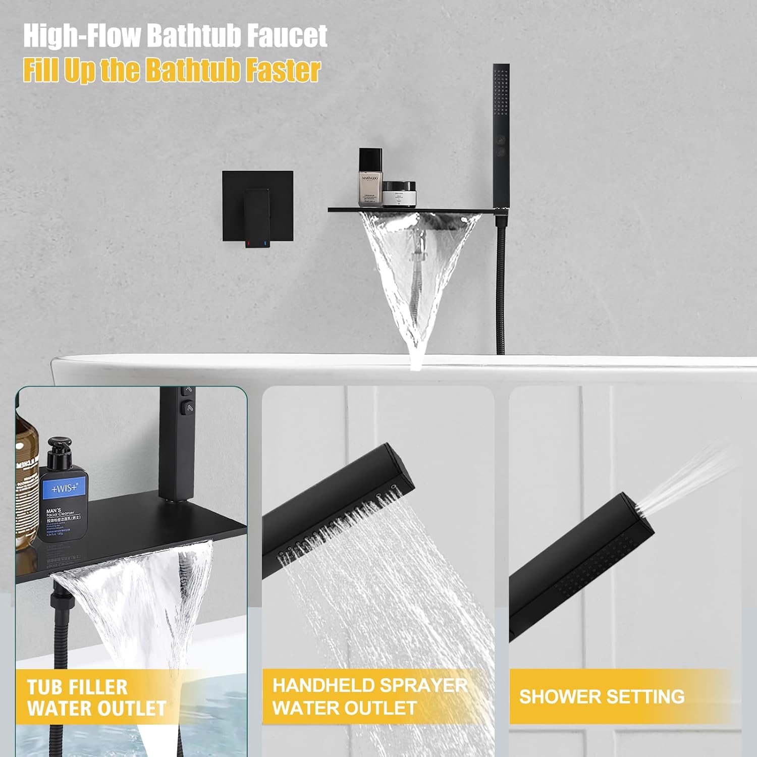 BESy Brass Waterfall Bath Tub Faucet with Handheld Sprayer, Wall Mount Bathtub Faucet Set Modern Tub Filler with Brass 2 In 1 Handheld Showerhead, with cUPC Rough-In Valve, Matte Black