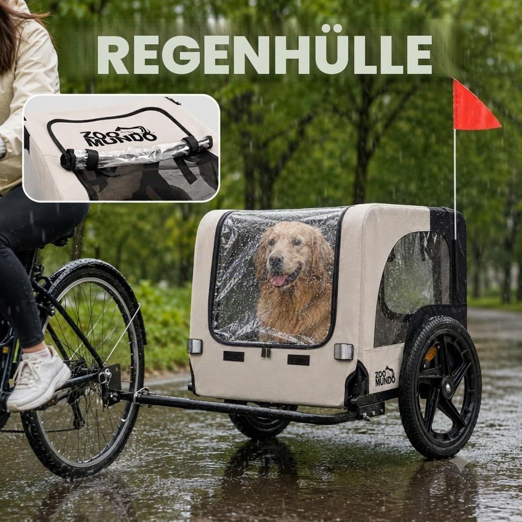 zoomundo Fahrradanhänger Hundeanhänger Transport - Jacky in Beige/Schwarz | Stabiler Hundeanhänger mit 15-Zoll-Luftreifen, 40 kg Zuladung, Regenschutz, Fliegengitter & klappbarem Rahmen.