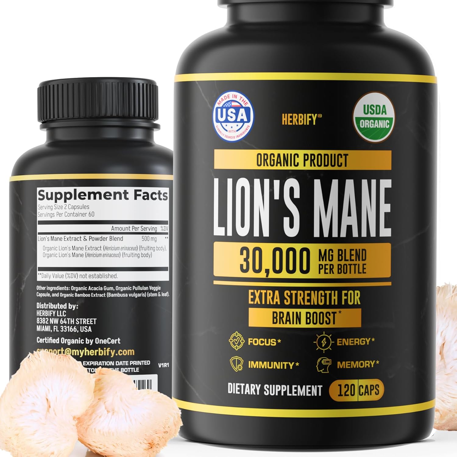 HERBIFY Lions Mane Supplement – Daily Mushroom Supplement for Memory, Focus & Clarity – Brain Booster – Lions Mane Capsules for Natural Immune Support – Vegan, Organic – 120 Capsules