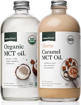 Natural Force Creamy Caramel MCT Oil + Organic Full Spectrum MCT Oil Gluten-Free, Non GMO, 100% Pure Coconut MCTs from Organic Coconuts Keto, Paleo, and Vegan 2x 16 Ounce Glass Bottles
