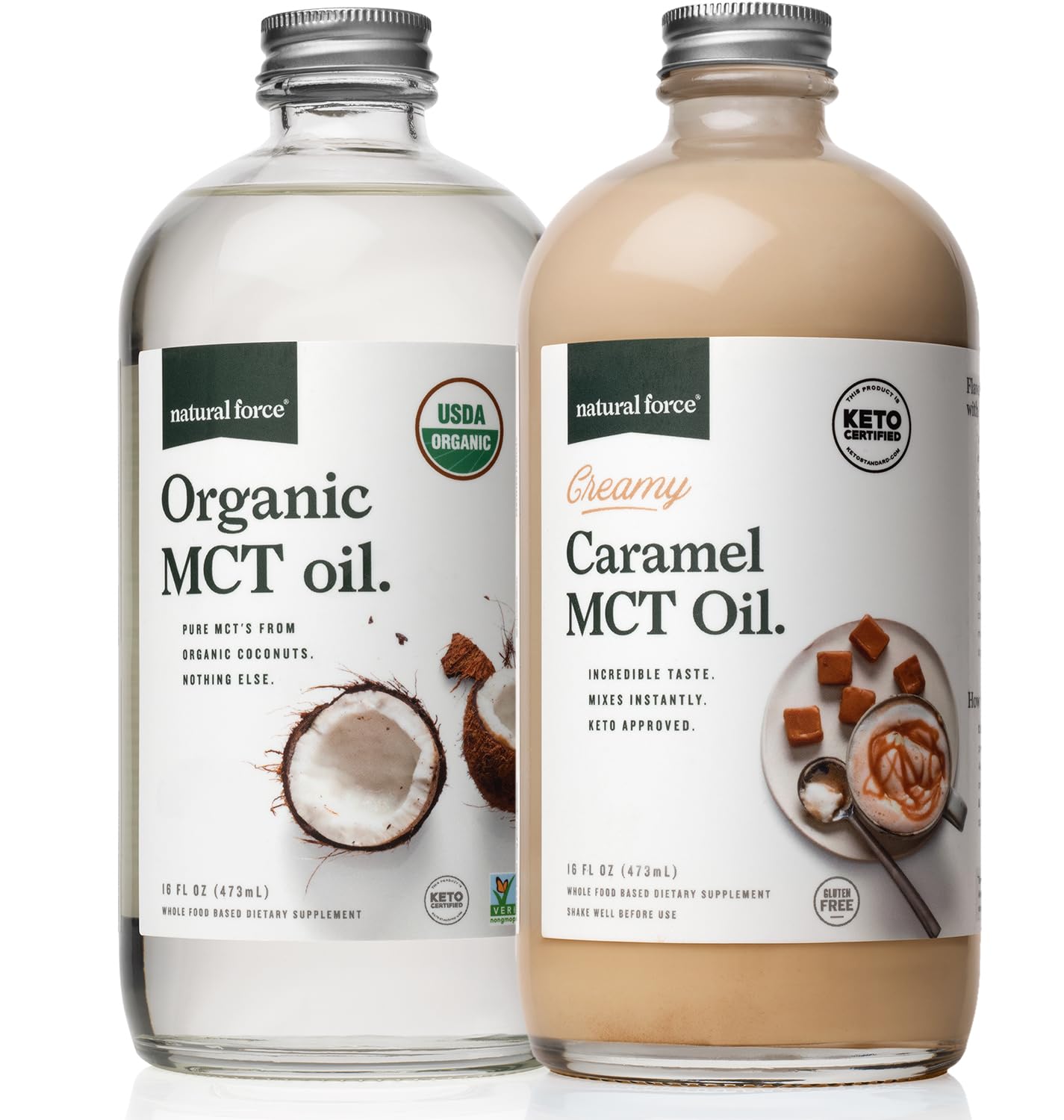 Natural Force Creamy Caramel MCT Oil + Organic Full Spectrum MCT Oil – Gluten-Free, Non GMO, 100% Pure Coconut MCTs from Organic Coconuts – Keto, Paleo, and Vegan – 2X 16 Ounce Glass Bottles