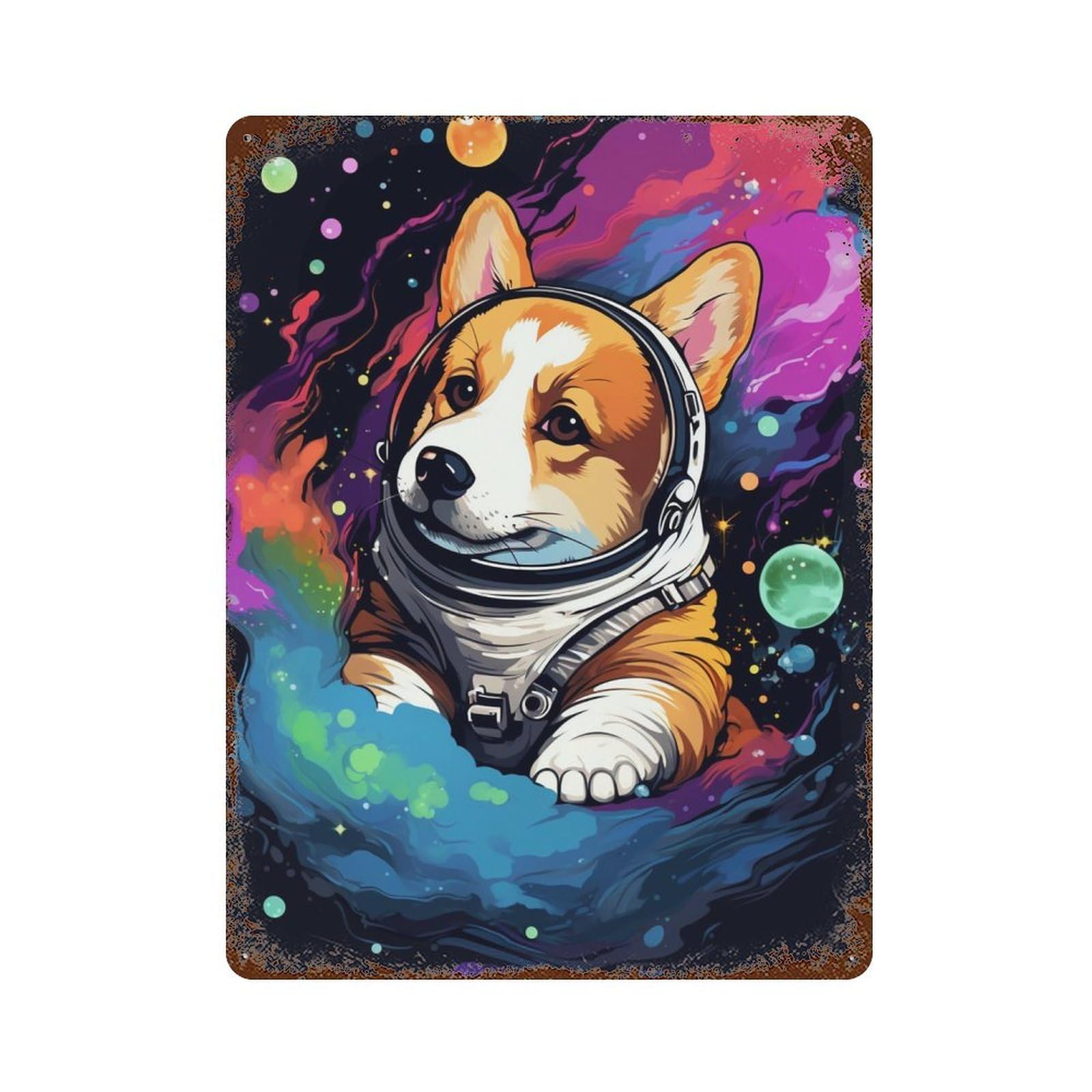 Corgi Astronaut in Space -9 Rusty Metal Tin Sign 15.7"x11.8", Ideal for Shed, Workshop And Garage Wall Decor