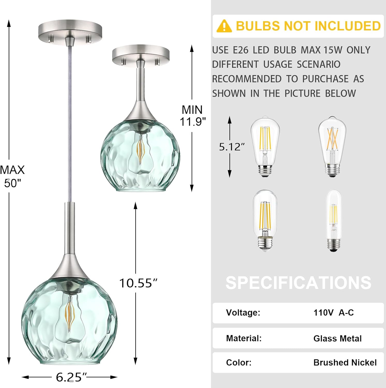 6.3" Hammer Green Glass Pendant Light 3 Pack Pendant Ceiling Light Fixture Brushed Nickel Finish Modern Farmhouse Dinning Over Sink Adjustable Height Cord