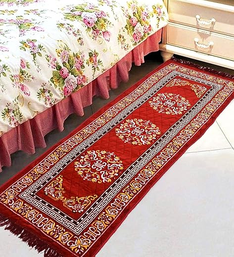 Velvet Pooja Aasan Floor Mat For Prayer &amp; Meditation Sitting Multipurpose Rectangular Mat (Color-Red, Size-24X72 Inches)