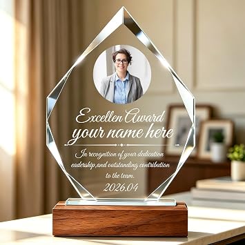 Custom Trophy Engraved with Text Logo, 9.25" Crystal Trophy Award with Wood Base, Personalized Plaque for Corporate Sports Awards, Employee Appreciation Gifts, Retirement Work
