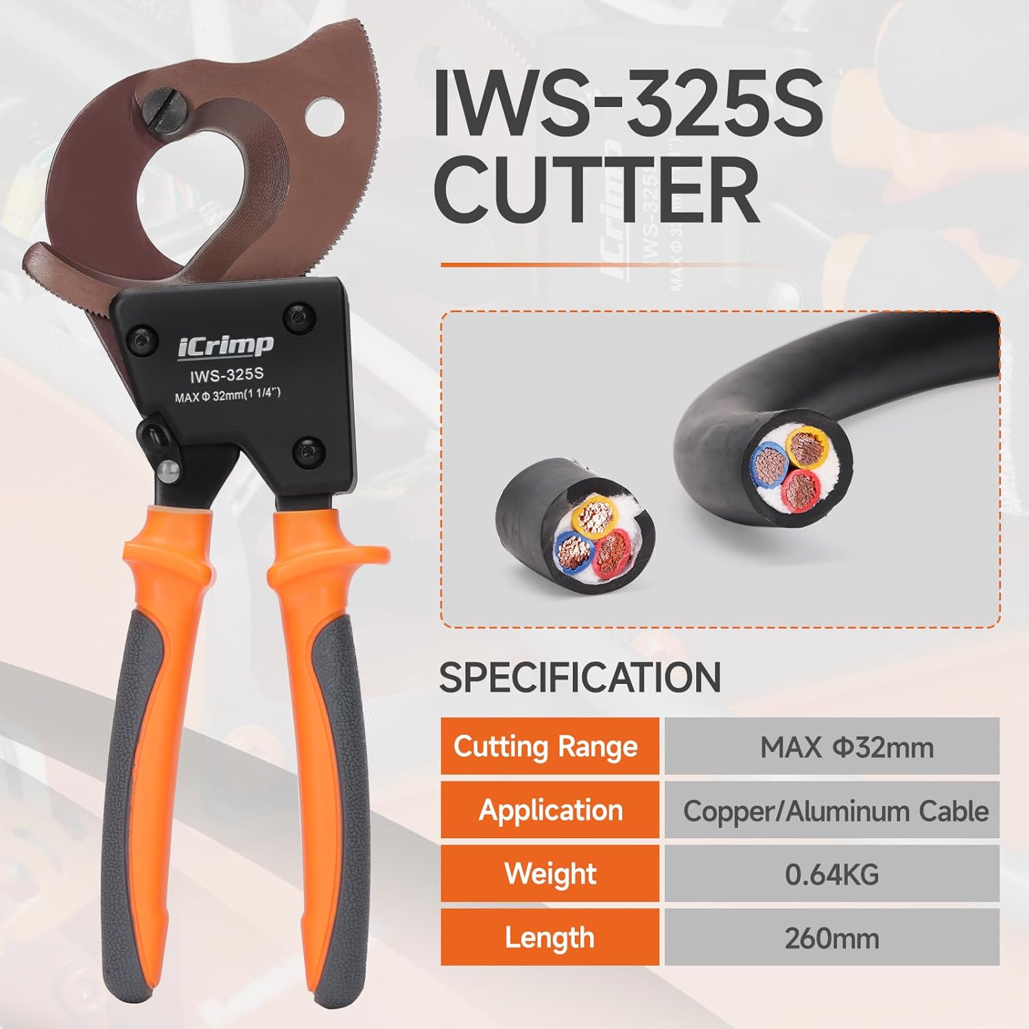 iCrimp Ratchet Cable Wire Cutter, Cuts Up to 32mm Diameter, Heavy-Duty Cable Cutter for Cutting Electrical Aluminum Copper and Multi-core Cables IWS-325S