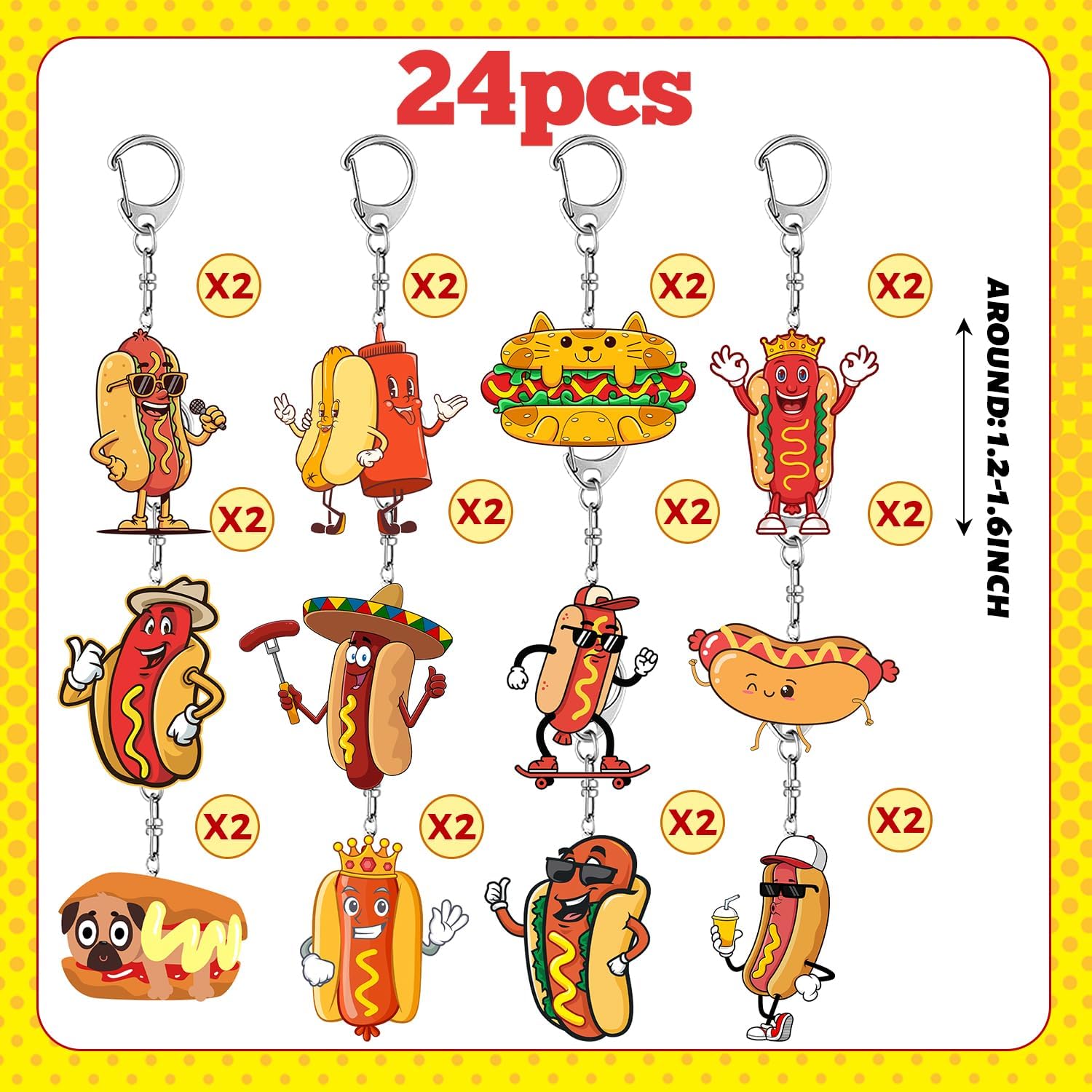 12 PCS Hot Dog Keychain, Hot Dog Party Favors Hot Dog Birthday Party Supplies Decoration Gifts