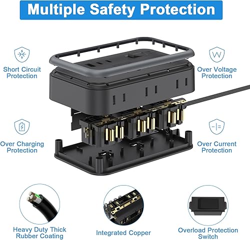 Miniatura 9 de NTONPOWER - Cable de extensión de enchufe plano de 10 pies con múltiples tomacorrientes NTONPOWER 6 ampliamente espaciados, protector de