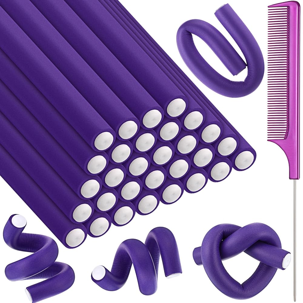 Syhood 30 Pcs 7\'\' Flexible Curling Rods Twist Foam Hair Rollers Soft Foam No Heat Hair Rods Rollers and 1 Steel Pintail Comb Rat Tail Comb for Women Long Short Hair(Purple,7 x 0.55 Inch)