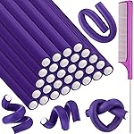 Syhood 30 Pcs 7\'\' Flexible Curling Rods Twist Foam Hair Rollers Soft Foam No Heat Hair Rods Rollers and 1 Steel Pintail Comb Rat Tail Comb for Women Long Short Hair(Purple,7 x 0.55 Inch)