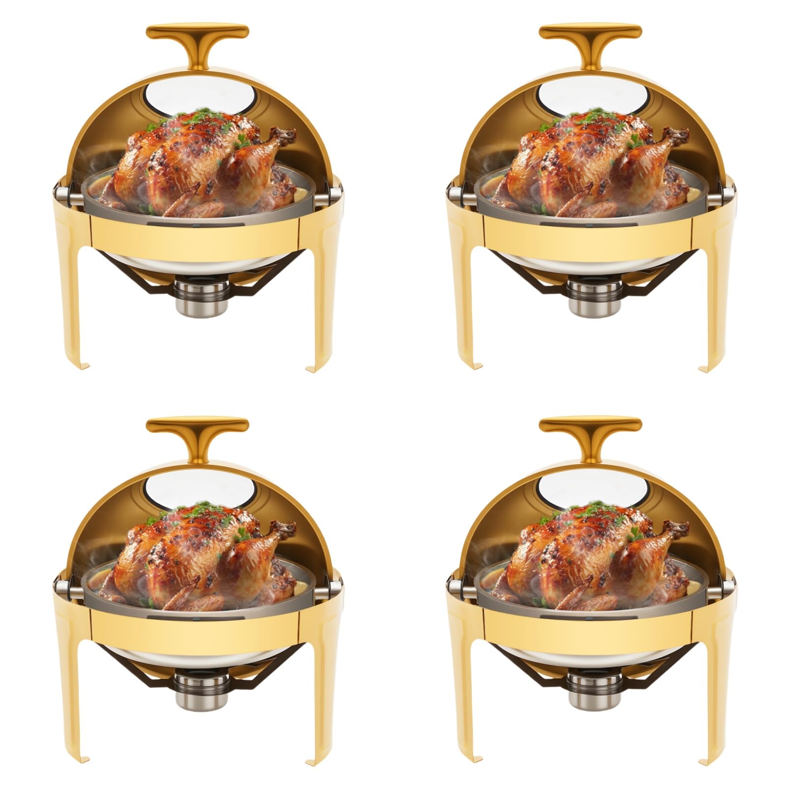 6 QT Round Chafing Dish Buffet Set (4-Pack), Roll Top Stainless Steel Buffet Warmers with Food & Water Trays, Gold Chafers Dishes for Catering, Parties, Weddings & Events