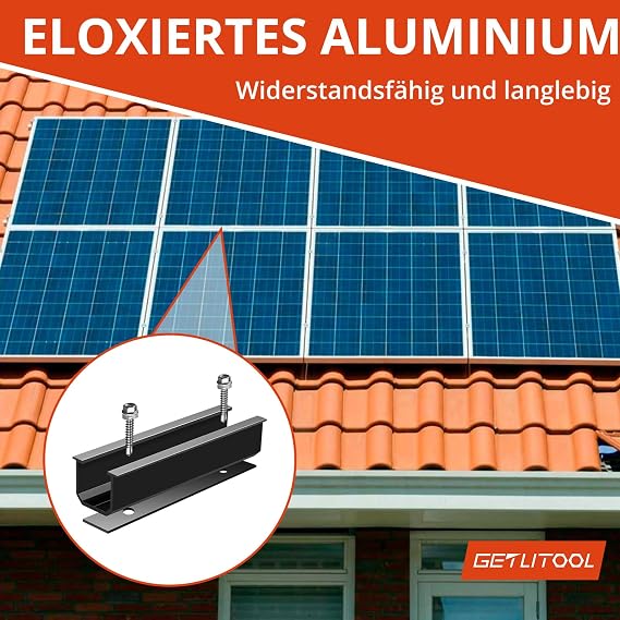 GETLITOOL Solar Module Bracket PV Bracket Mounting Kit for Mounting 4 Modules 12 cm Aluminium Rail Adjustable Clamp for 30-35 mm Modules Solar Panel Holder Flat Roof Trapezoidal Sheet Tile