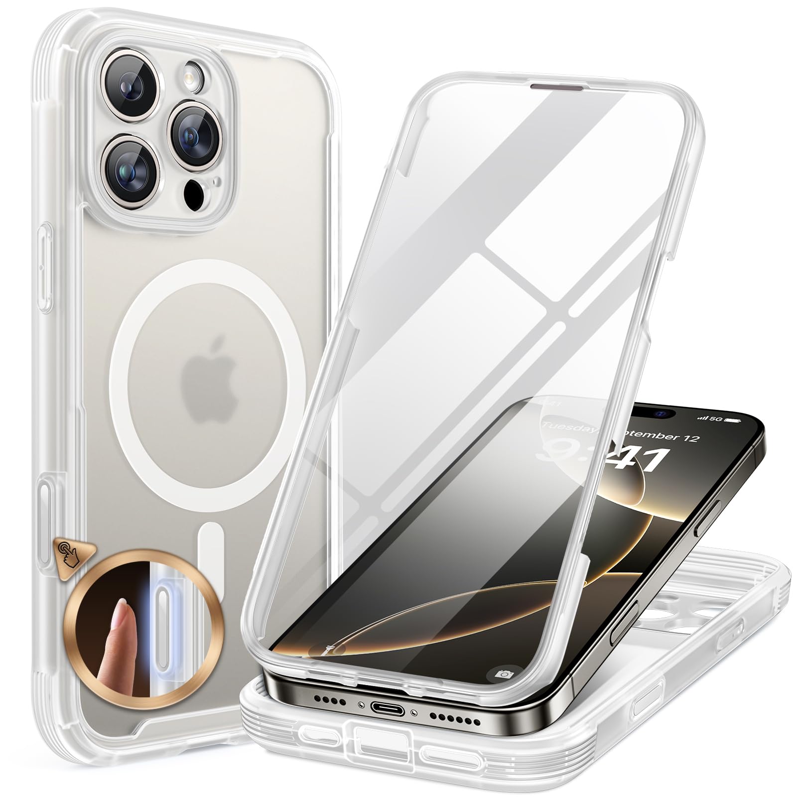 miracase Magnetic for iPhone 16 Pro Case Full-Body Phone with Built-in Glass Screen Protector, [Compatible with MagSafe] Military Drop Proof 16 Pro Cover Bumper 6.3 inch, Matte Clear