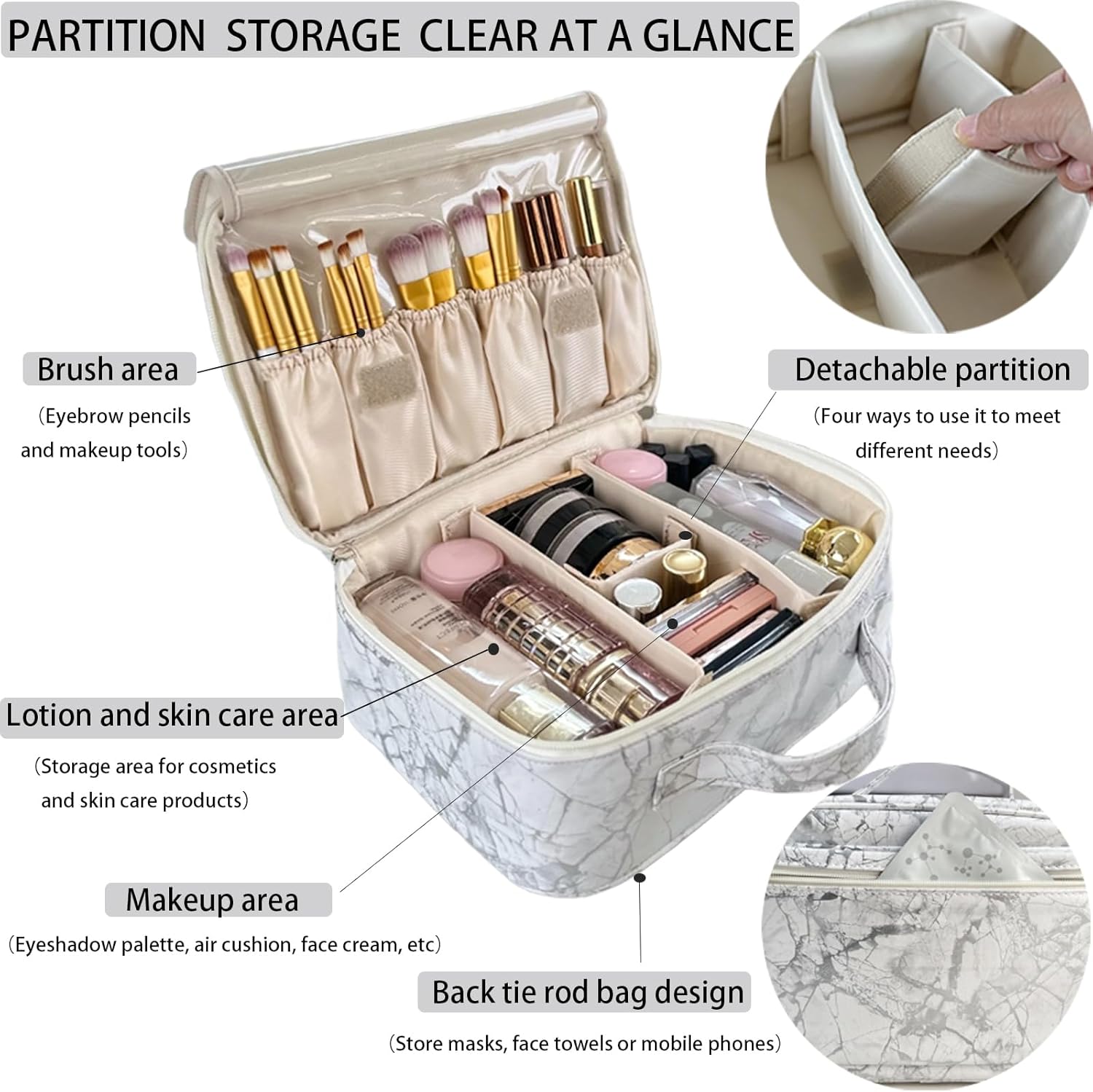 MKPCW Multifunctional Travel Makeup Bag Cosmetic Organizer with Removable Dividers, Brush Holder & Luggage Strap – Waterproof Large Capacity Toiletry Pouch for Women, Gym, Daily Use (White Marble)