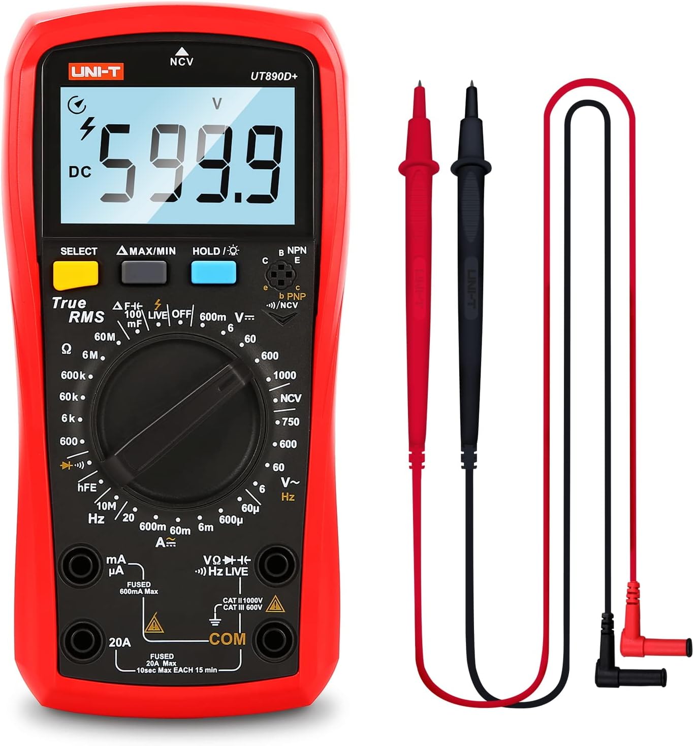 UNI-T Digital Multimeter Tester UT890D+ True RMS 6000 Counts Live Test Volt Ohm Meter, Voltage Ac Dc Current Amp Capacitor Tester hFE Diode Continuity NCV for Automotive HVAC