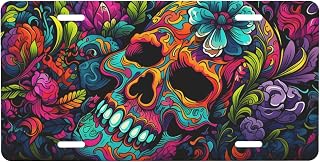 Psychedelic Skull License Plate Cover Front License Plate Frame | Aluminum Car Decor Vanity Tag for SUV Sedan Truck Pickup 4 Holes 6x12 Inch