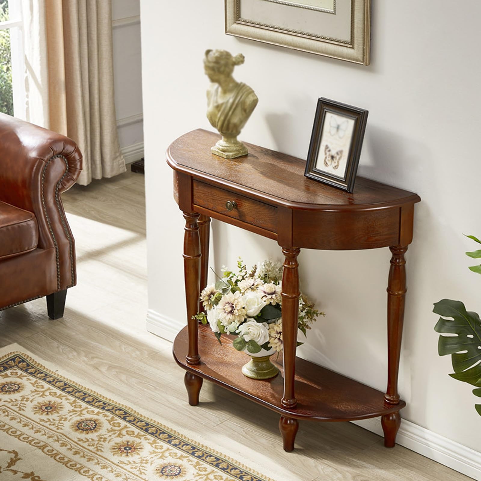 SEIFE Consolle a mezzaluna in legno massello per ingresso, tavolo da ingresso con cassetto portaoggetti, tavolo da divano semicircolare, arredamento per corridoio e ingresso(Walnut,80cm/31.4in)