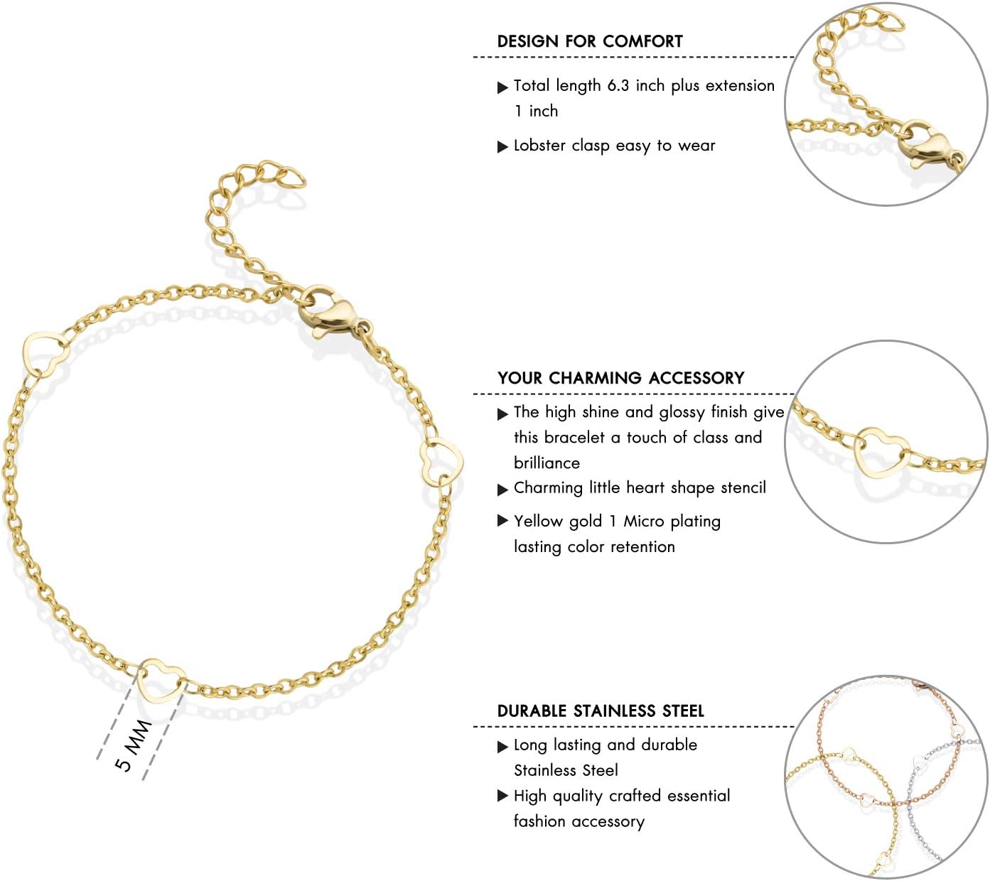 555Jewelry Womens Stainless Steel Multiple Heart Charm Link Chain Love Bracelet - Image 3