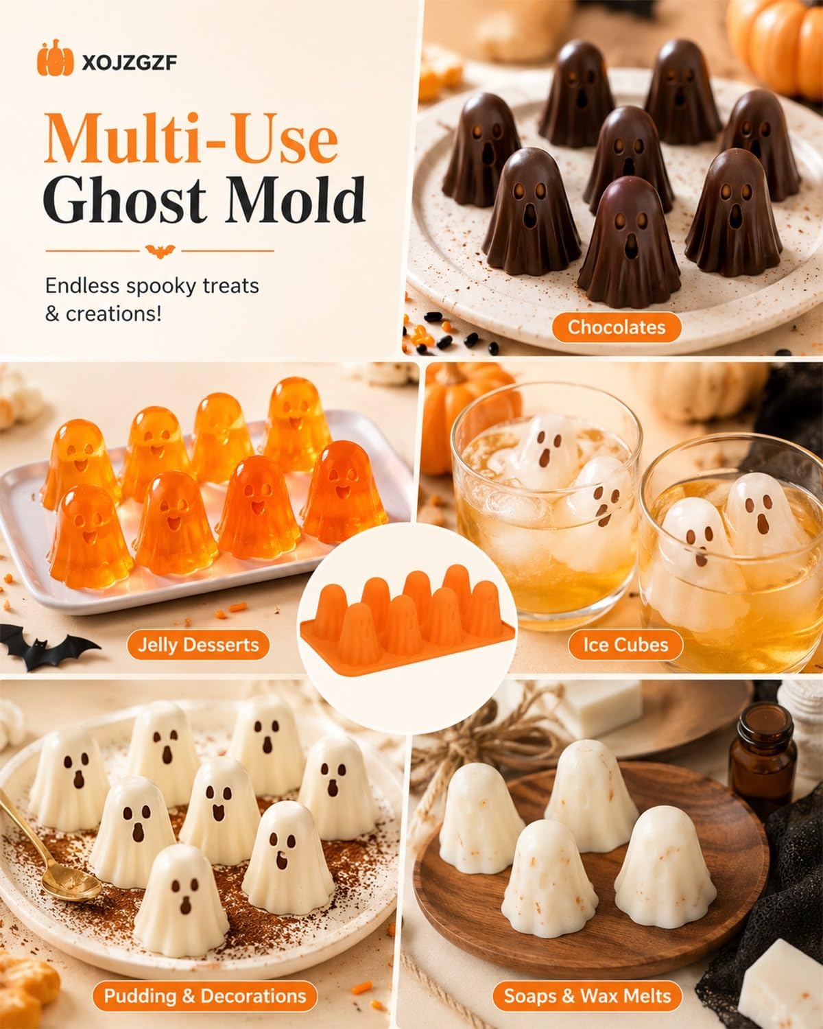 Ghost Jello - Molde de silicona 3D para hornear Halloween, 6 unidades x 8 cavidades | Silicona de grado alimenticio, antiadherente, dulces y chocolate, decoraciones de fiesta, mini bandeja de cubitos de hielo