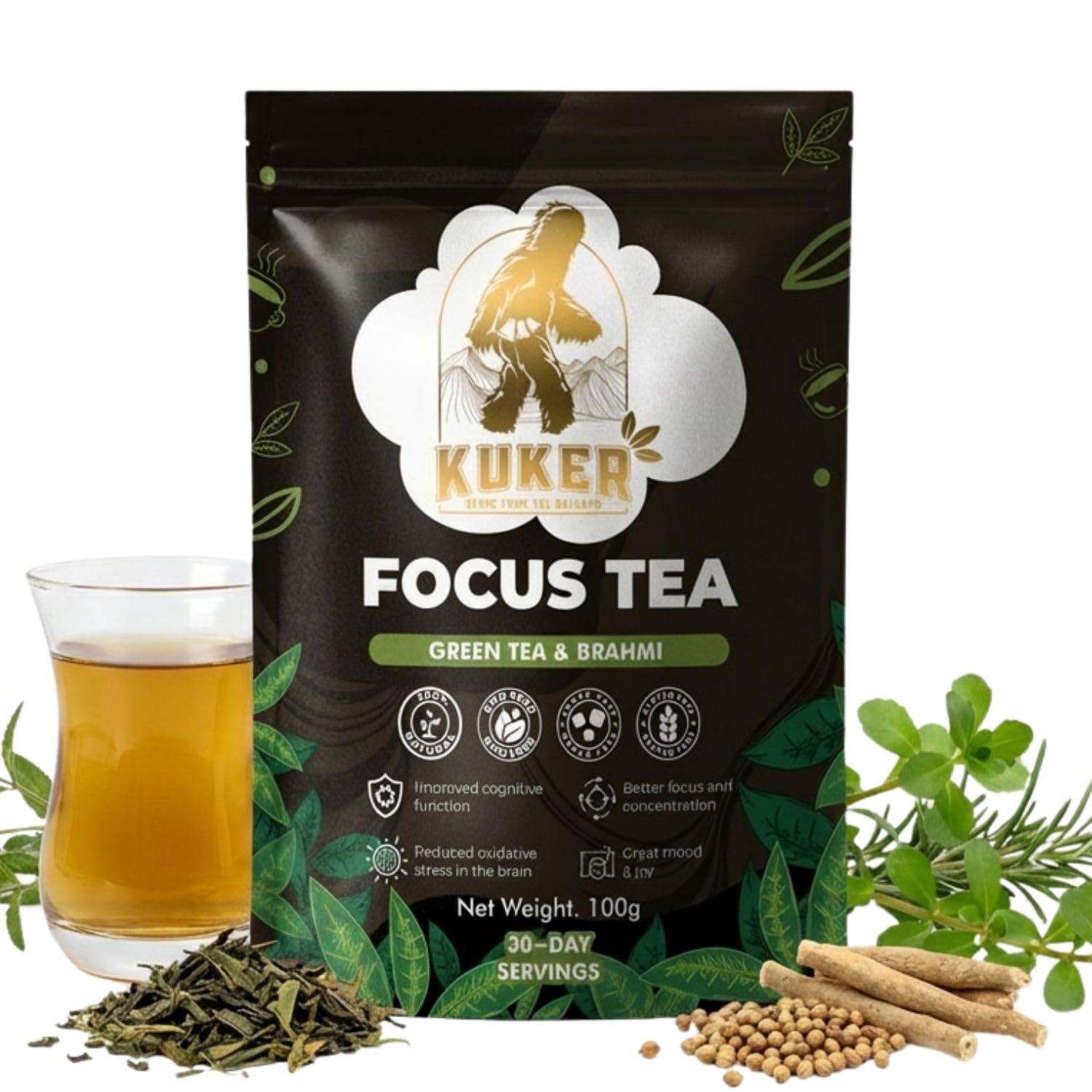 KUKER Focus Tea Loose Leaf 100g – Ashwagandha Brain Boost Herbal Mix with Green Tea, Brahmi, Ashwagandha & Rosemary – Natural Nootropic for Mental Clarity & Concentration