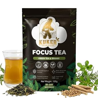 KUKER Focus Tea Loose Leaf 100g Ashwagandha Brain Boost Herbal Mix with Green Tea, Brahmi, Ashwagandha & Rosemary Natural Nootropic for Mental Clarity & Concentration