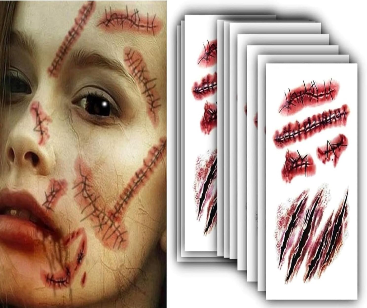 RMCtrends [Pack of 15 sheets] HD Ultra Realistic Halloween Tattoos Fancy Dress Party Costume Makeup Temporary Tattoos Stickers Decoration Fake Wounds Scars and Stitches Make Up x15 Tattoo Sheets