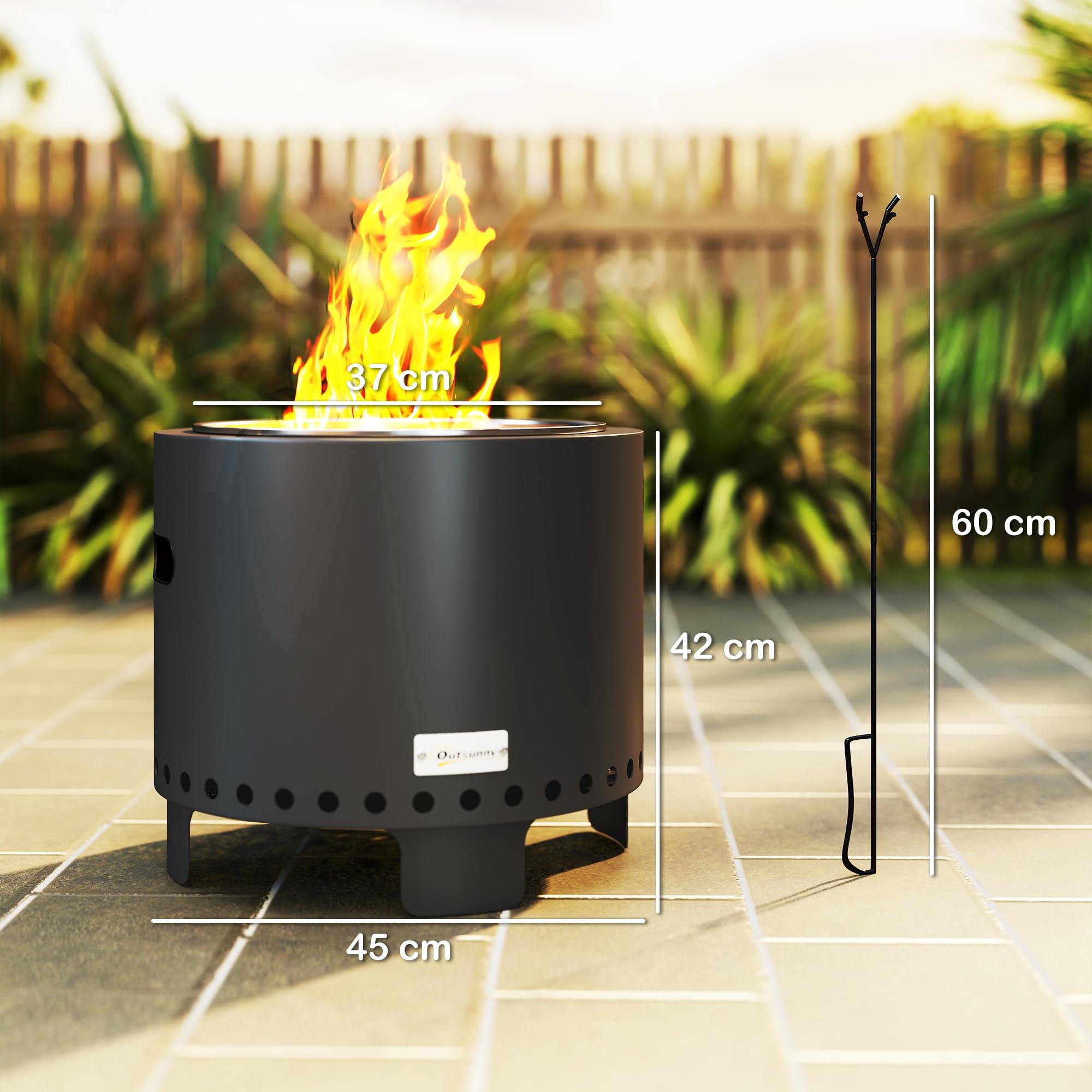 Outsunny Rauchloser Feuerkorb 45cm tragbar, Holzverbrennung, Dunkelgrau | Schürhaken, Edelstahl-Innenauskleidung, für Garten Camping Lagerfeuer Party, Stahl