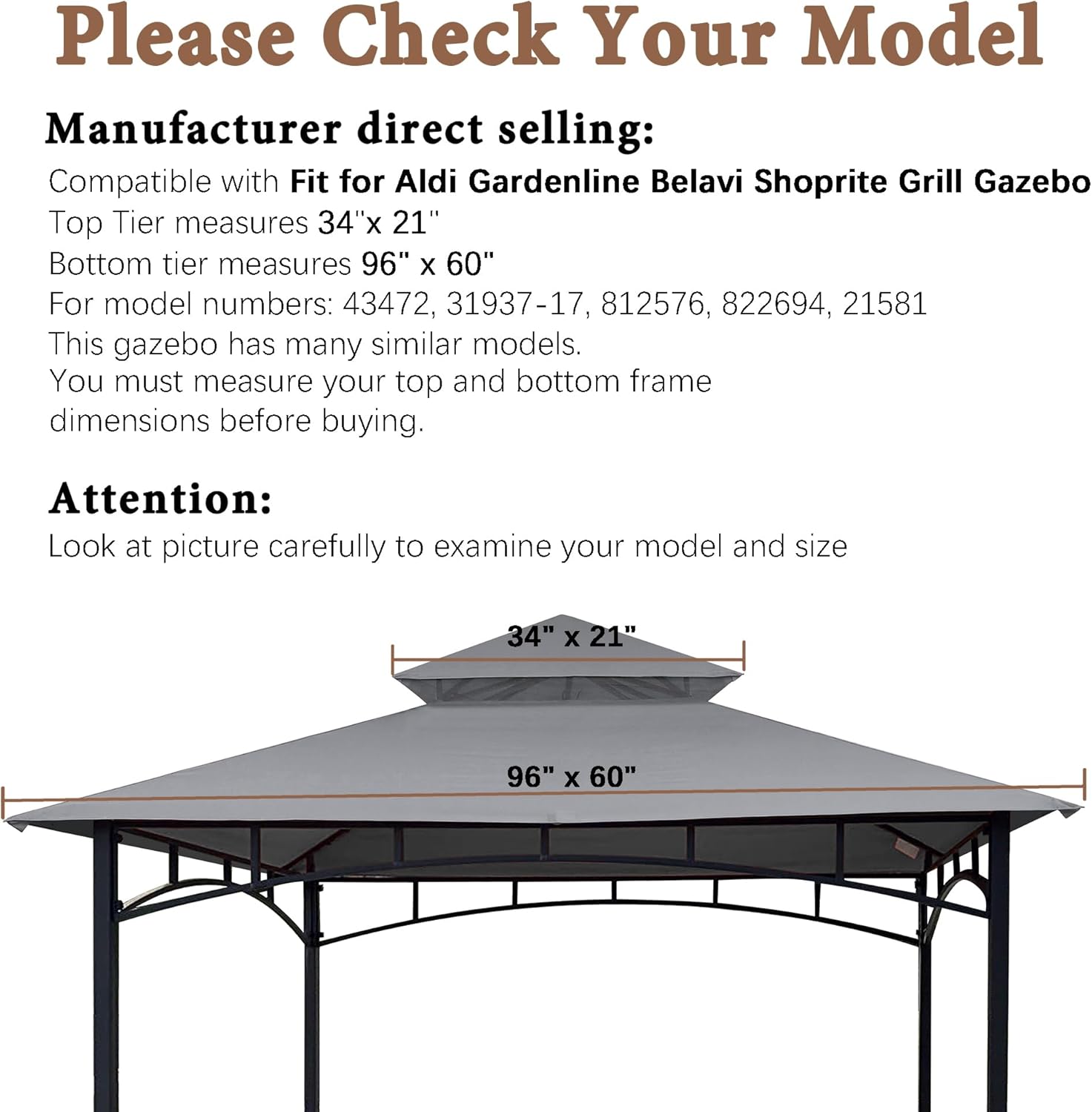 SCOCANOPY Grill Gazebo Replacement Cover Compatible with Aldi Gardenline Belavi Shoprite Grill Gazebo,for Model Number: 822694,31937-17,21581,43472,812576(Gray1)