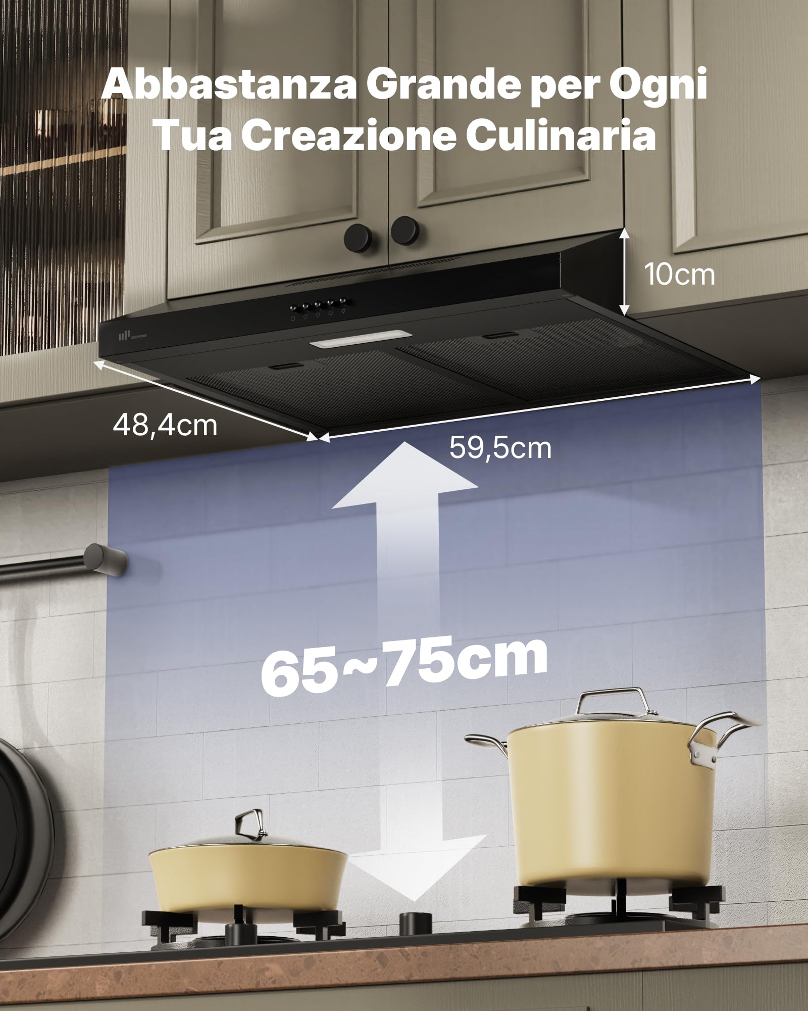 Upstreman Cappa Aspirante 60 cm，Classe A+++, 3 Velocità (220 m³/h), Ricircolo & Aspirazione con Filtro a Carbone, 61 dB, Luce LED 1,5 W, HU60, Nero