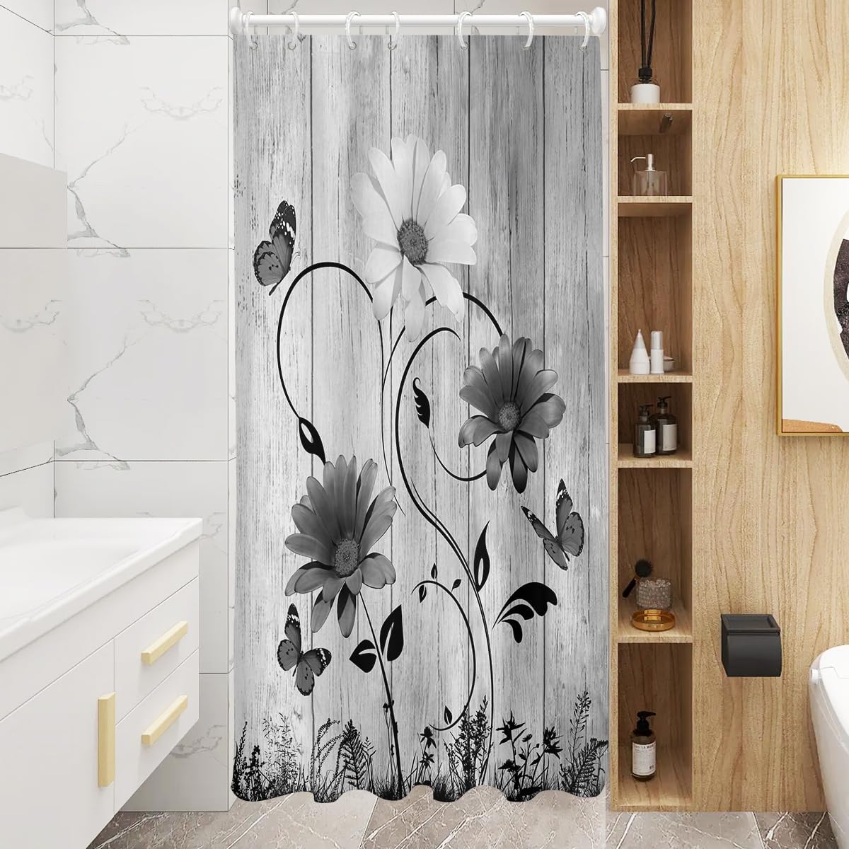AAtter Black and White Floral Shower Curtain Stall Small Half Harrow Single Travels Grey Gray Rustic Flower Abstract Butterfly Vintage Home Bathroom Decor Bathtub Set with 7 Hooks, 36x72, Wooden 36"W x 72"L (Pack of 1) Black and White