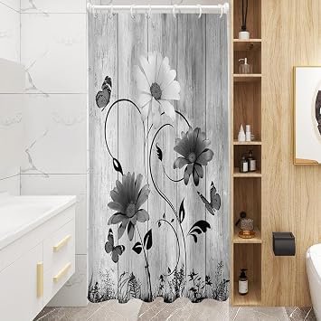 AAtter Black White Floral Shower Curtain, Small Stall 36x72 Inch, 7 Hooks