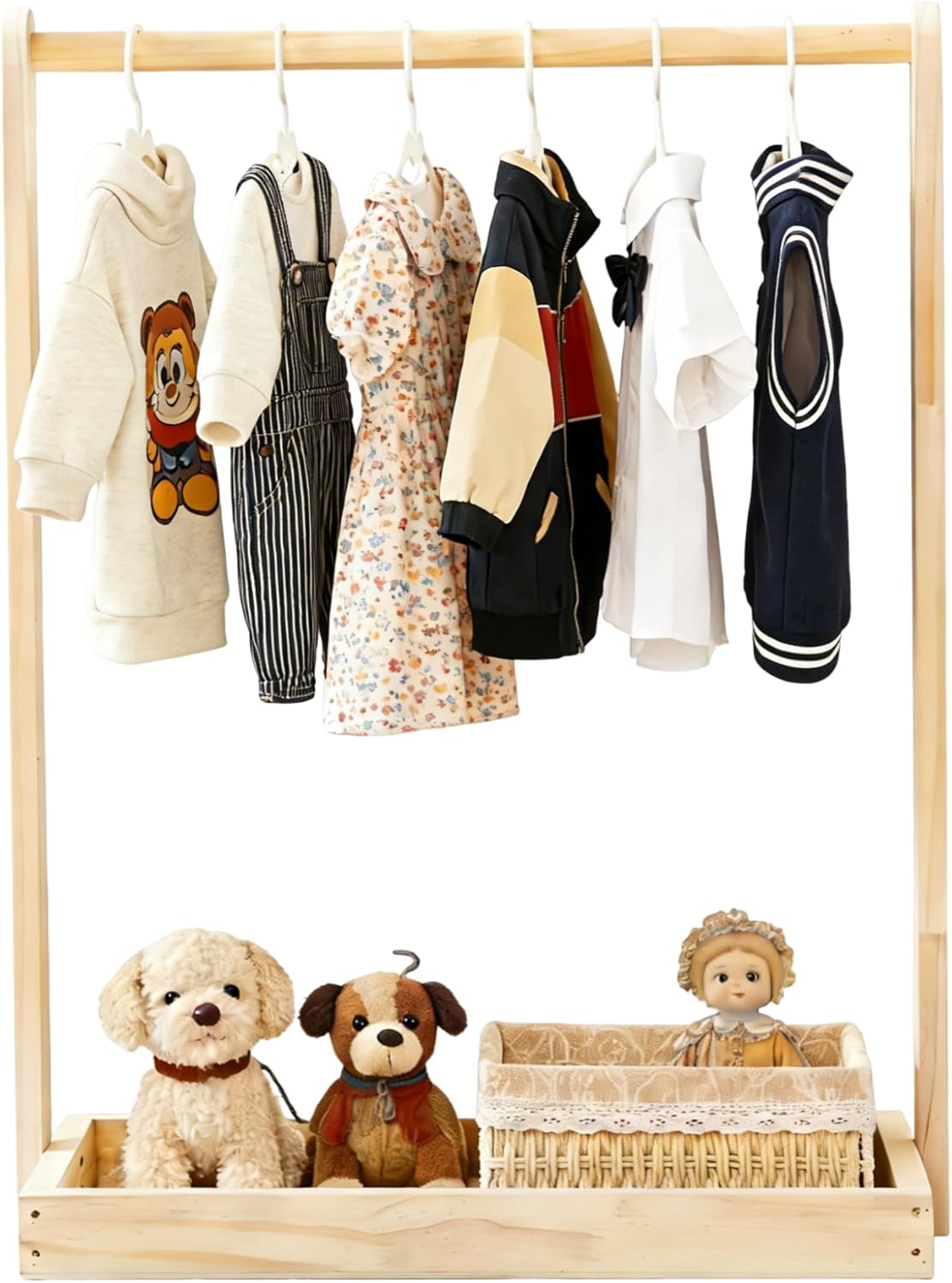 Baby Clothing Rack for Baby Shower, Pets Clothes Rack with Storage Box & Hanging Rod for Dogs Cats Dolls Clothes Display Rack, Mini Baby Shower Crate Closet Rack (Natural)