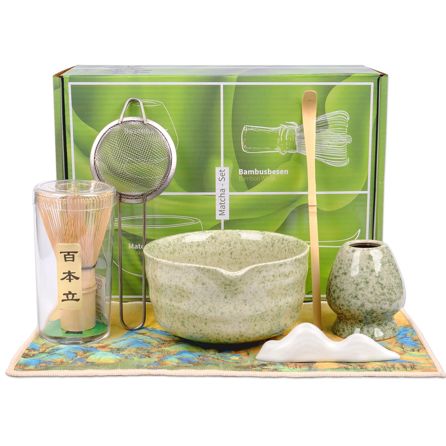 VIBINHO 6-Teiliges Matcha Set Grn  Premium Bambus Besen, Schale Mit  Ausguss, Halter, Sieb & 2