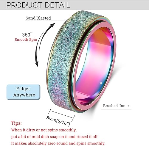 Miniatura 5 de Anillo giratorio para hombre, acero inoxidable, juguetes para ansiedad, anillo de ansiedad para mujeres y hombres, 0.315 in de ancho, arcoíris,