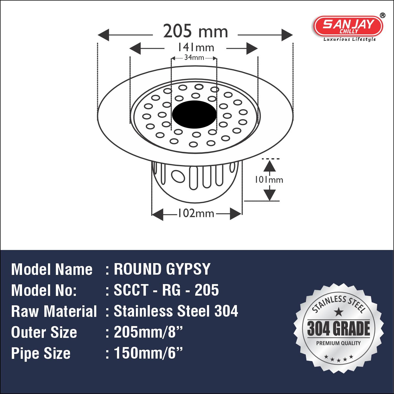 Sanjay Chilly Round SS Floor Drain Cockroach Trap with Pipe Hole 8 Inch for Bathroom 304 Grade Waste Water Drainer in Bathtub Washbasin Sink Toilet & Kitchen Cover Jali (Round Gypsy Silver 8 Inch) 4