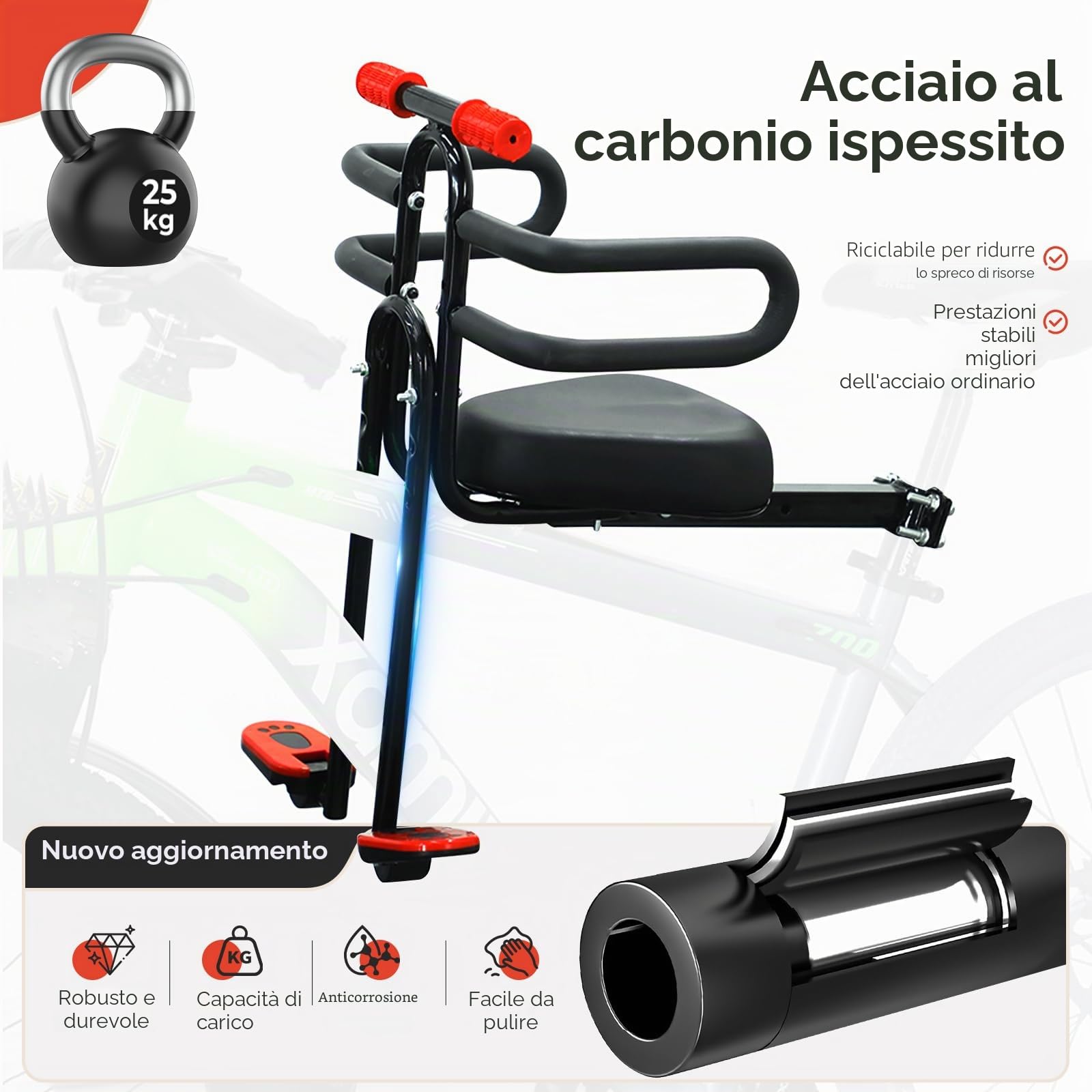 Seggiolino Anteriore per Bicicletta, Seggiolino Bici per Bambini con Braccioli e Pedane, Seggiolino Anteriore per Bici da Montagna, City Bike e Bici Pieghevoli