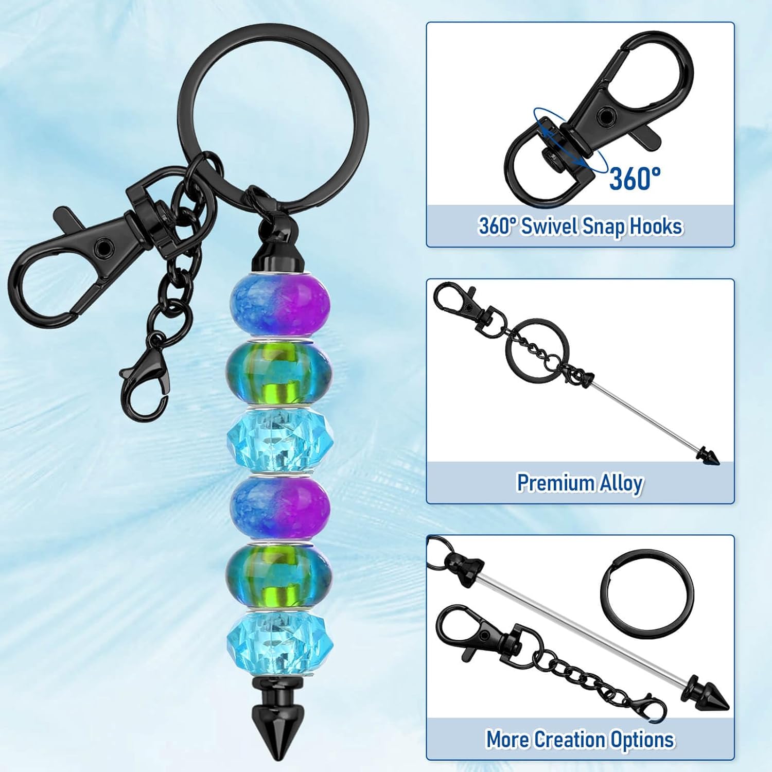 12 Pcs Beadable Keychain Bar, Black Beaded Key chain for Pendant DIY, Alloy Blank Accessories Bulk for Keychain Making Supplies Jewelry Making Gift - Image 3