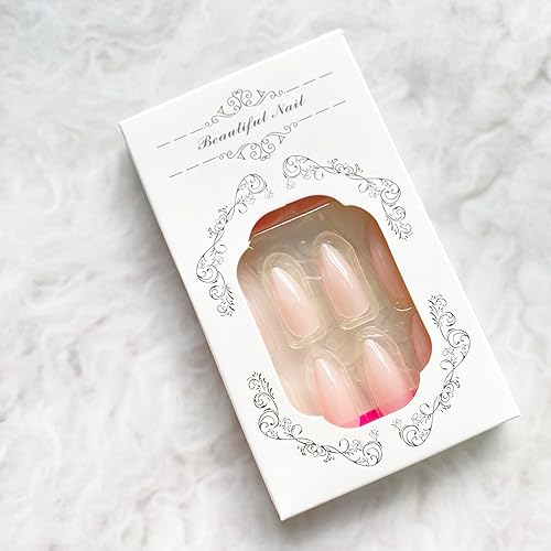 Miniatura 4 de 24 uñas postizas a presión de almendra mediana con pegamento, uñas postizas degradadas rosas y blancas, uñas acrílicas con diseños, uñas