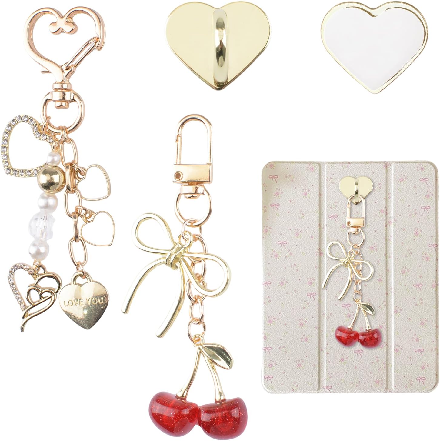 Charm Chains for E-Reader, 2pcs Gold Heart and Cherry Phone Charms Bracelets Accessories for Tablet Phone Decor Readers Book Lovers