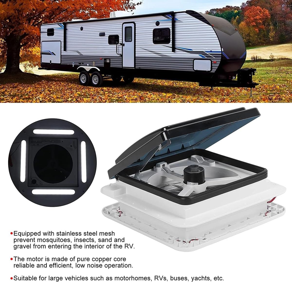 Wentylator dachowy z oświetleniem LED, wentylacja powietrza RV z czujnikiem deszczu, automatyczny, odwracalny wentylator 12 V do dwukierunkowej wentylacji w przyczepach kempingowych
