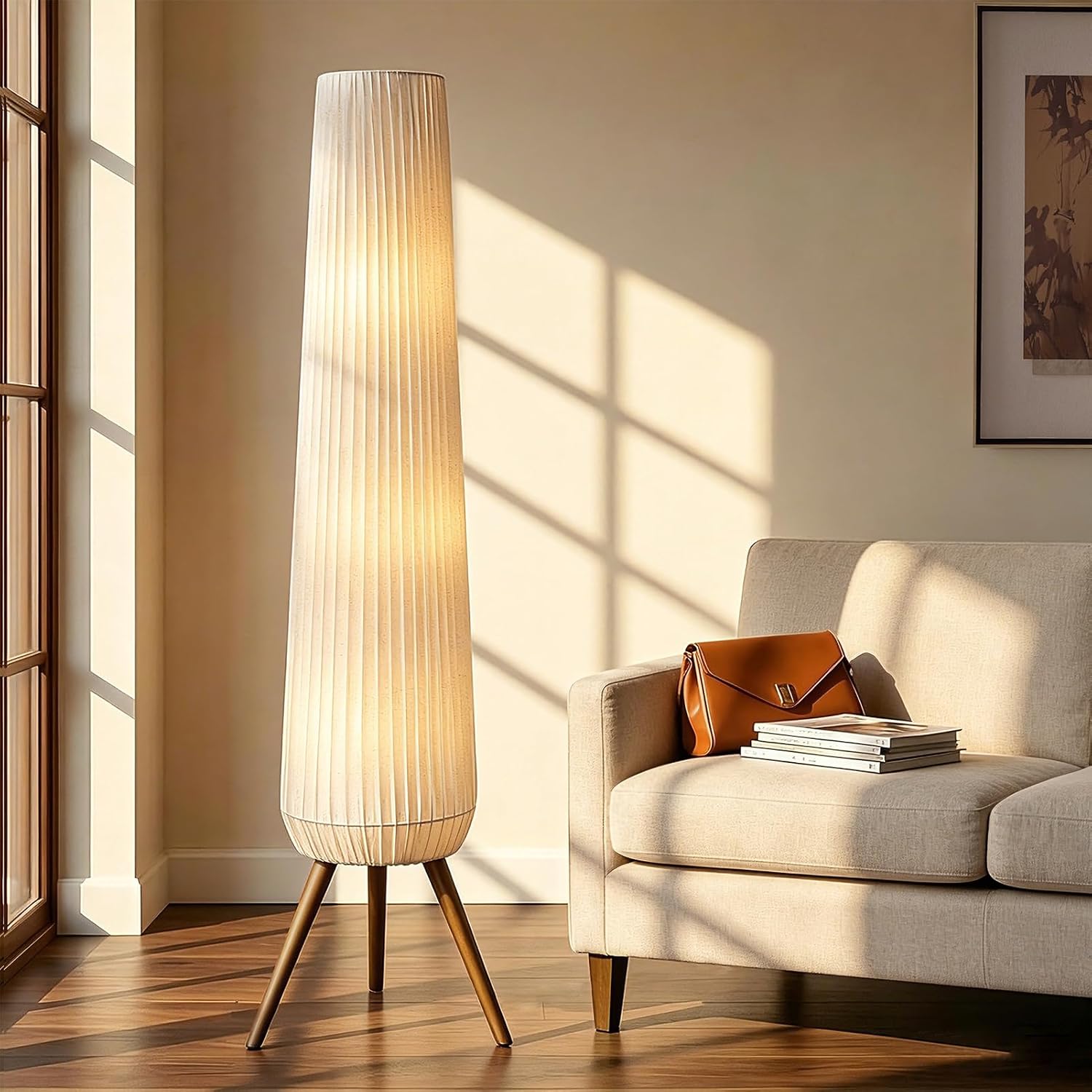 61'' Oatmeal Linen Pleated Floor Lamp, Walnut Wood Tripod Base | 3 Built-in Light Sockets Standing Lamp, Soft Ambient Lighting Boho Wabi-Sabi Style Lamp for Living Room Bedroom Home Decor