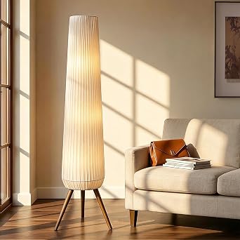 61 Oatmeal Linen Pleated Floor Lamp, Walnut Wood Tripod Base | 3 Built-in Light Sockets Standing Lamp, Soft Ambient Lighting Boho Wabi-Sabi Style Lamp for Living Room Bedroom Home Decor