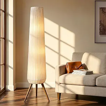 Reyokale 61'' Oatmeal Fabric Pleated Floor Lamp with Walnut Wood Tripod Base