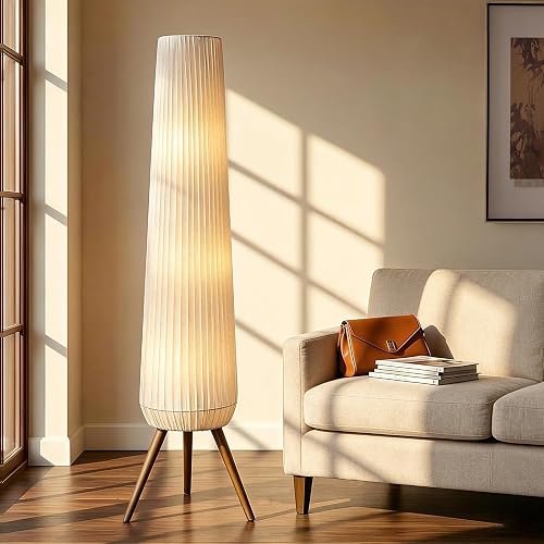 61'' Oatmeal Fabric Pleated Floor Lamp, Walnut Wood Tripod Base
