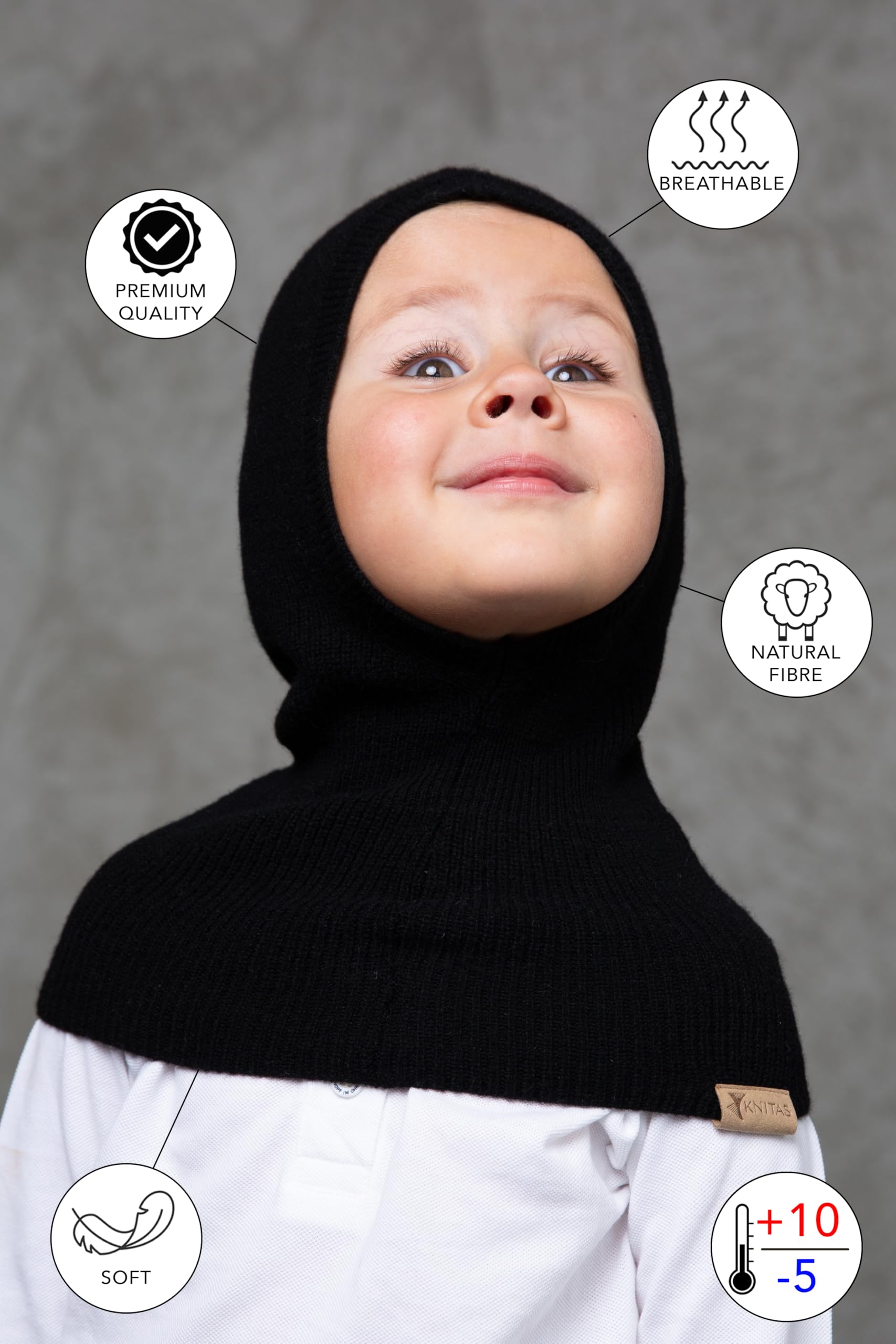 Bonnet tricoté à Une Couche en Laine mérinos et Cachemire (-5+10°C) pour bébés, Tout-Petits I Cagoule Super Douce I Printemps, Automne Chapeau pour Enfant en Beige, Rose, Gris, Fuchsia, Noir